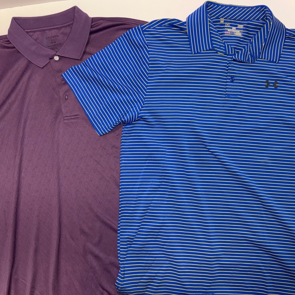 George Performance and Under Armour Polo Mens Large Purple and blue with strips